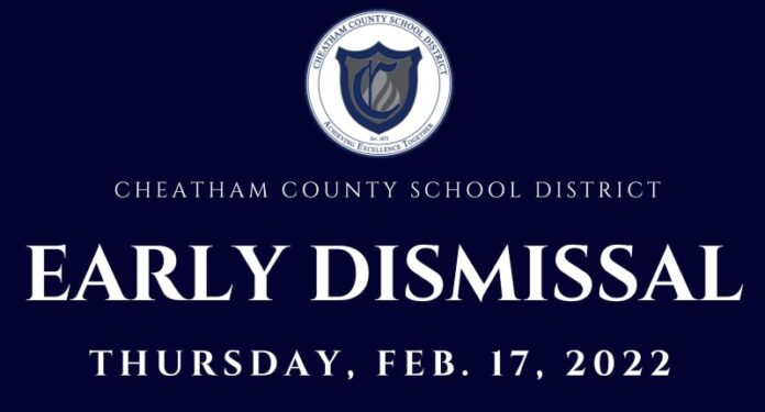 Due to the potential of severe weather this afternoon, the Cheatham County School District will dismiss at 12:45 p.m. on Thursday, Feb. 17.