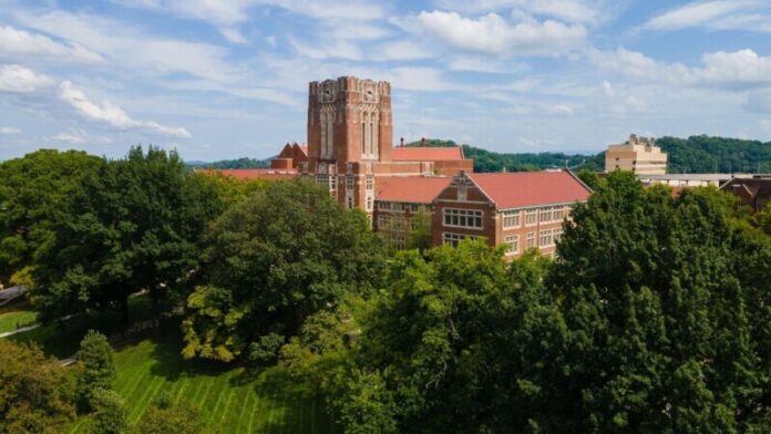 An aerial view of Ayres Hall photograhed via a drone