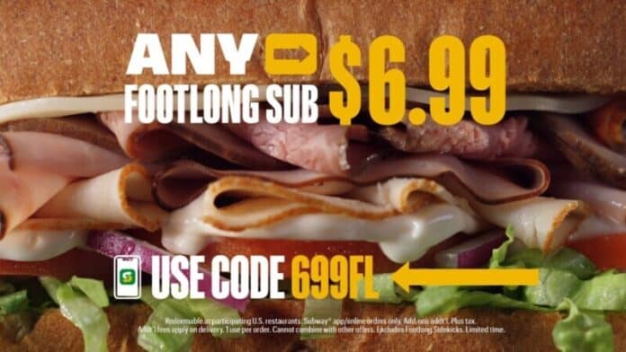 Subway-W3-Subs Starting August 26 through September 8th, guests can order any footlong sub on the menu for just $6.99 using promo code 699FL on the Subway App or Subway.com