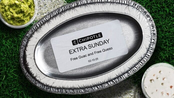 Chipotle declares Monday, February 10 an "Extra Sunday" featuring a free Guac and Queso Blanco offer for Chipotle Rewards members.