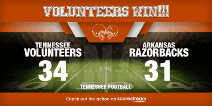 Arkansas_vs_Tennessee_twitter_teamWins #12/12 Volunteers Hold Off Hogs, 34-31