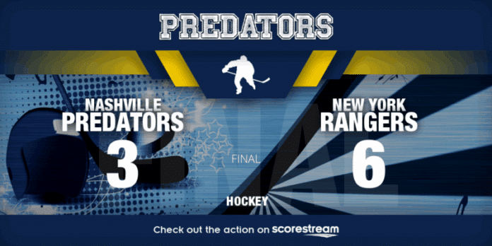 Wood Records Hat Trick as Preds Fall to Rangers