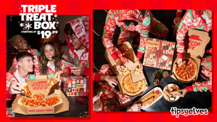 Pizza-Hut-Triple-Treat-Box-Onesie-hero Pizza Hut Doubles Down on Helping Fans Holiday Harder with New Limited-Edition Tipsy Elves Triple Treat Box Onesie (PRNewsfoto/Pizza Hut)