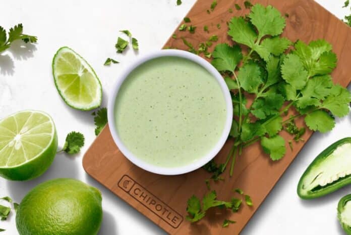 Chipotle-Fresh-Cilantro-Lime-Sauce-Launch Made fresh daily with hand-chopped cilantro, lime, savory Mexican spices and hand-roasted jalapeños, Cilantro Lime Sauce delivers a bright kick of flavor with no artificial colors, flavors or preservatives.
