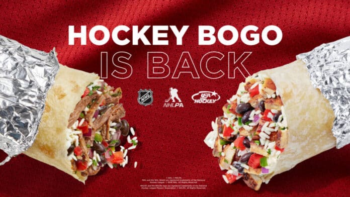 CHIPOTLE MEXICAN GRILL Hockey-BOGO On Monday, April 20, after 3 p.m. local time, fans who wear a hockey jersey to participating Chipotle restaurants in the U.S. and Canada can receive a BUY-ONE-GET-ONE (BOGO) entrée.