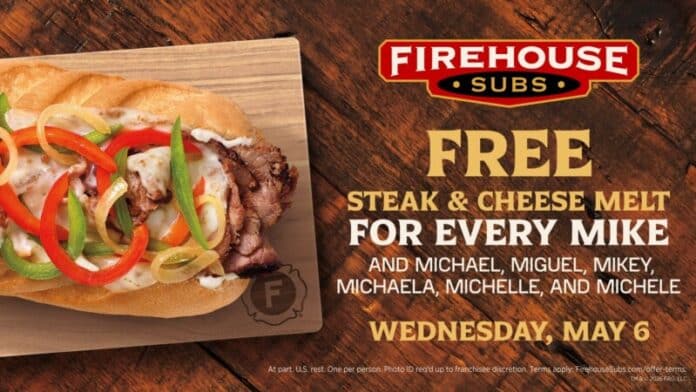 Firehouse_Subs_Steak_Cheese_Melt_Mike_Offer (1) On Wednesday, May 6, any guest who shares a name in the Mike family can enjoy a free medium new Steak & Cheese Melt at Firehouse Subs. To find your nearest restaurant, visit FirehouseSubs.com.