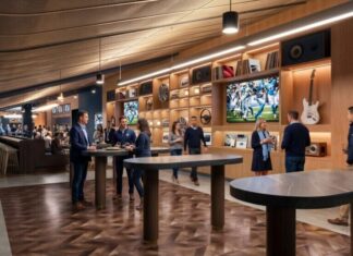 New Nissan Stadium to Feature 22,000-Square-Foot INFINITI Club Multiple people sitting and standing around cocktails tables and lounge couches.