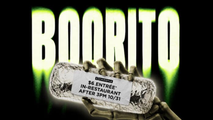 Chipotle Rewards members who visit a Chipotle restaurant in costume from 3 p.m. to close on October 31 can score a $6 entrée.